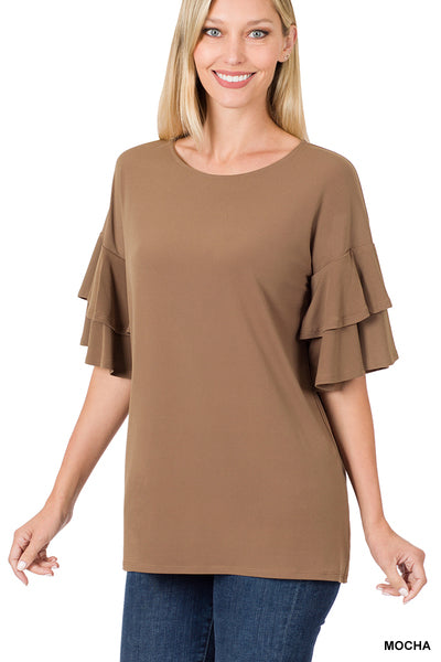 Plus Mocha Ruffle Sleeve Top