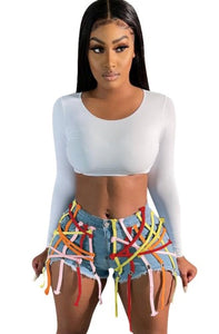 Multicolored Strings Denim Shorts