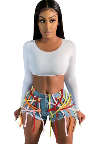 Multicolored Strings Denim Shorts